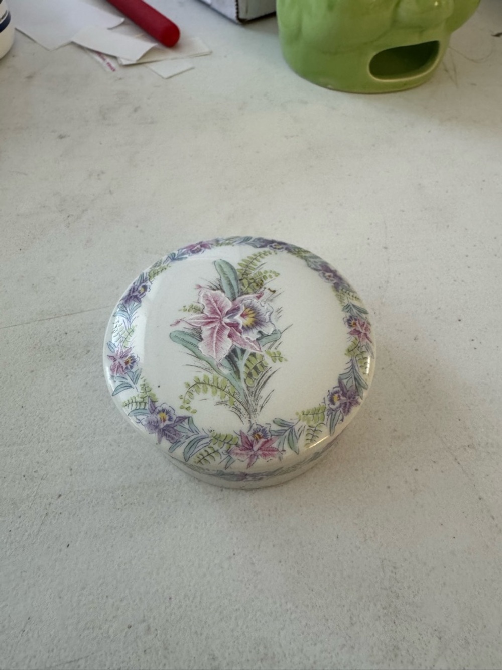 St. Regis Floral Ceramic Trinket Box — White with Pink & Green Orchid Motif